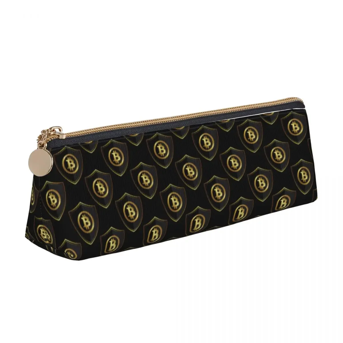 Bitcoin Armored Crest Triangle Pencil Case Gold Coin Print College  Zipper  Box For Teens Cool Leather Pen Bag