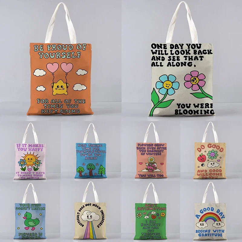 Impressão de pensamento positivo novo design bolsa de ombro de lona sacos de compras estudantes saco de livro de algodão pano bolsas tote para a menina