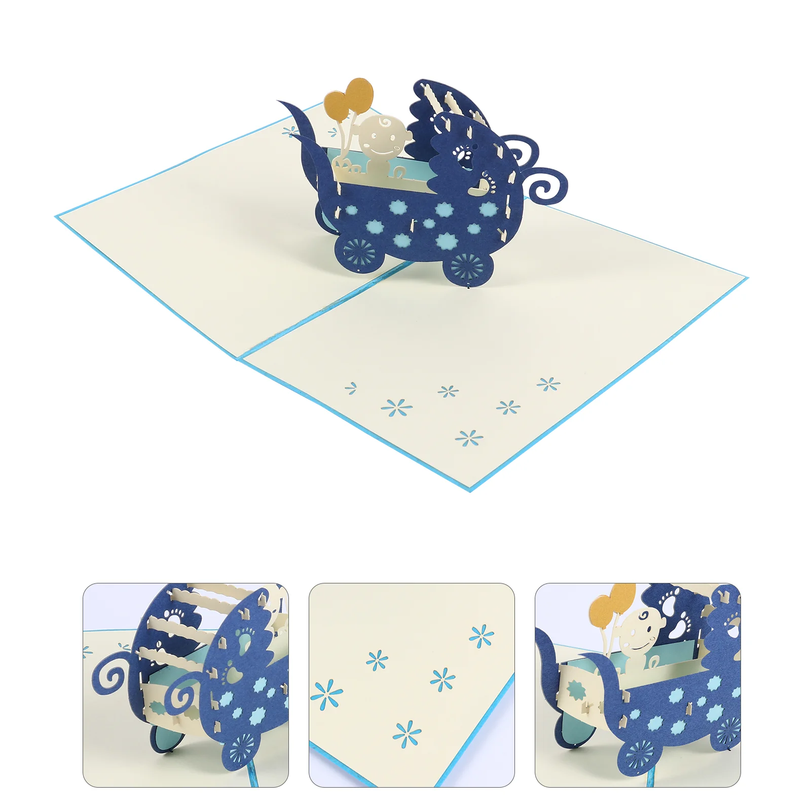 

3 D Baby Carriage Greeting Card Infant Shower Cards Blessing Message Blank Paper Craft Special Material Wish Blue