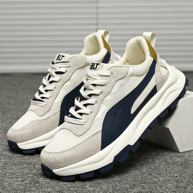 1 Par de Zapatillas Retro de Plataforma para Hombre, Tallas Grandes, con Puntera Ancha, Estilo Vintage, con Bloques de Color, Malla y Parches de Gamuza, Transpirables