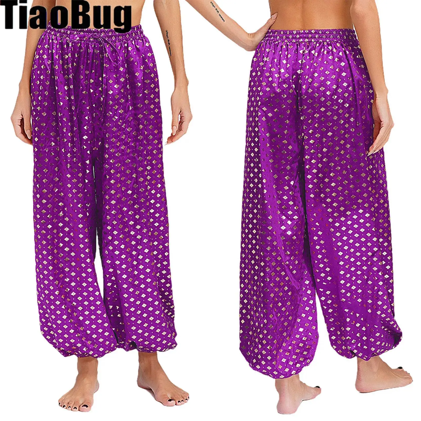 

Women Satin Belly Dance Pants Metallic Floral Print Drawstring Elastic Waistband Bloomers for Stage Performance Theme Party