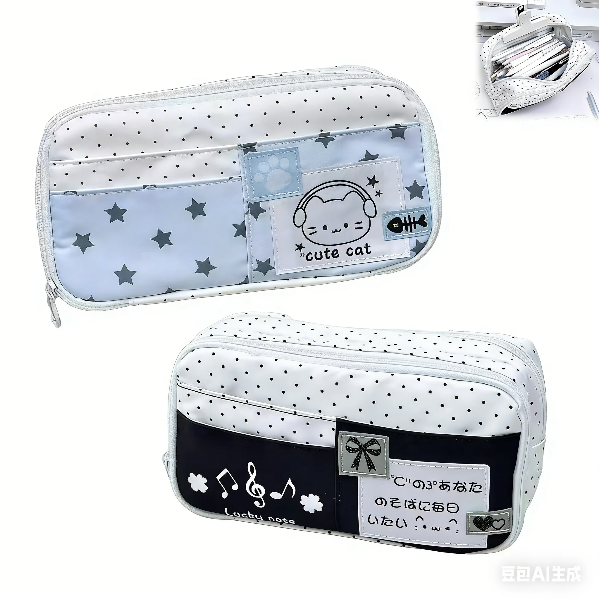 Estojo de Lápis com Estampa de Gato Fofo, Multi-Camadas, Grande Capacidade, Bolsa para Canetas para Meninas, Organizador de Material Escolar e de Escritório