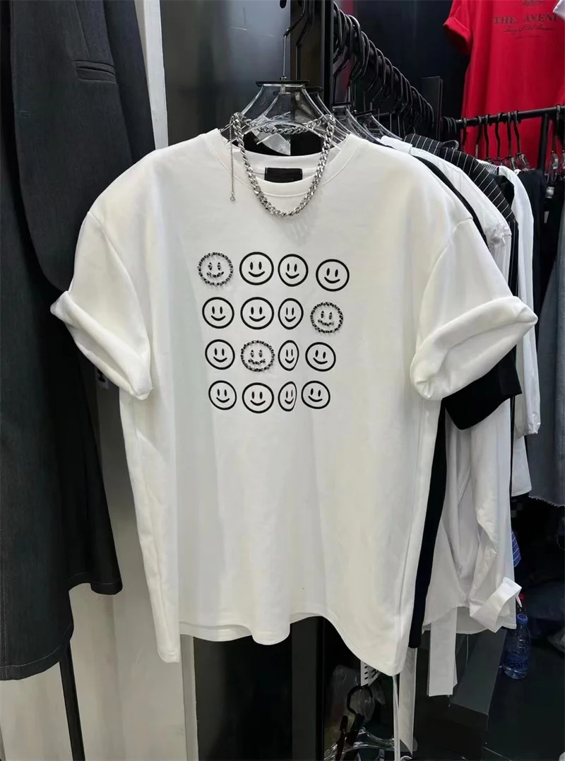 

Loose round Neck Short Sleeve T-Shirt Women's Summer New Style Korean Style Lazy Shoulder Pad Smile Print Cotton Blend Tee
