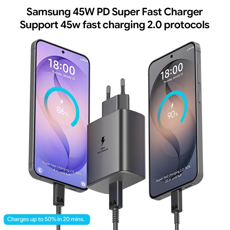 Samsung Charger 45w Original EU US Plug Super Fast Charging Type C Cable for S26 FE S26 Plus S25 Ultra S24 S23 S22 A56 Z Fold 8
