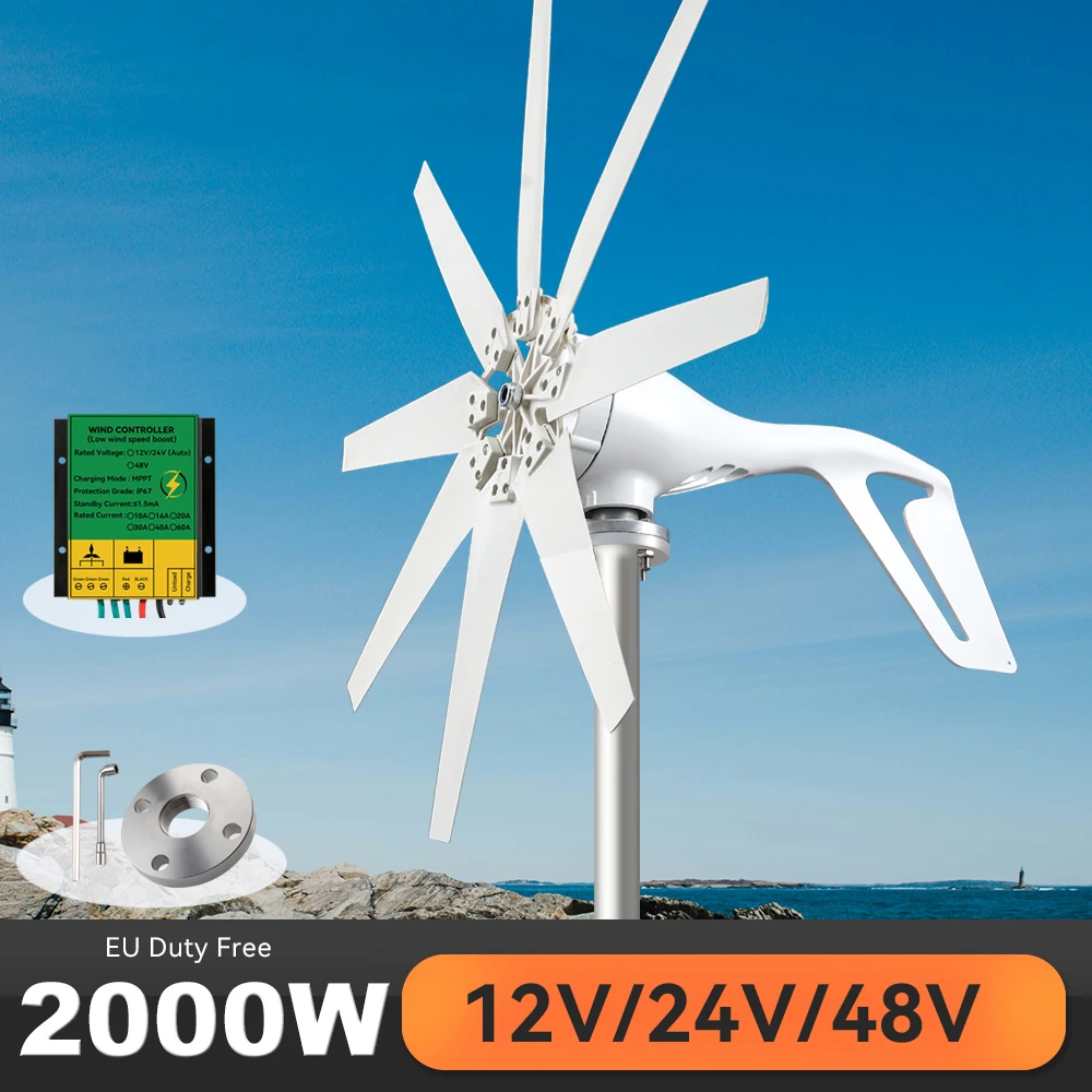 

2000W Small Windmill Wind Turbine Generator Power 2kw 8 Blades 12v 24v 48v With Mppt/Hybrid Charge Controller For Farm Home Use