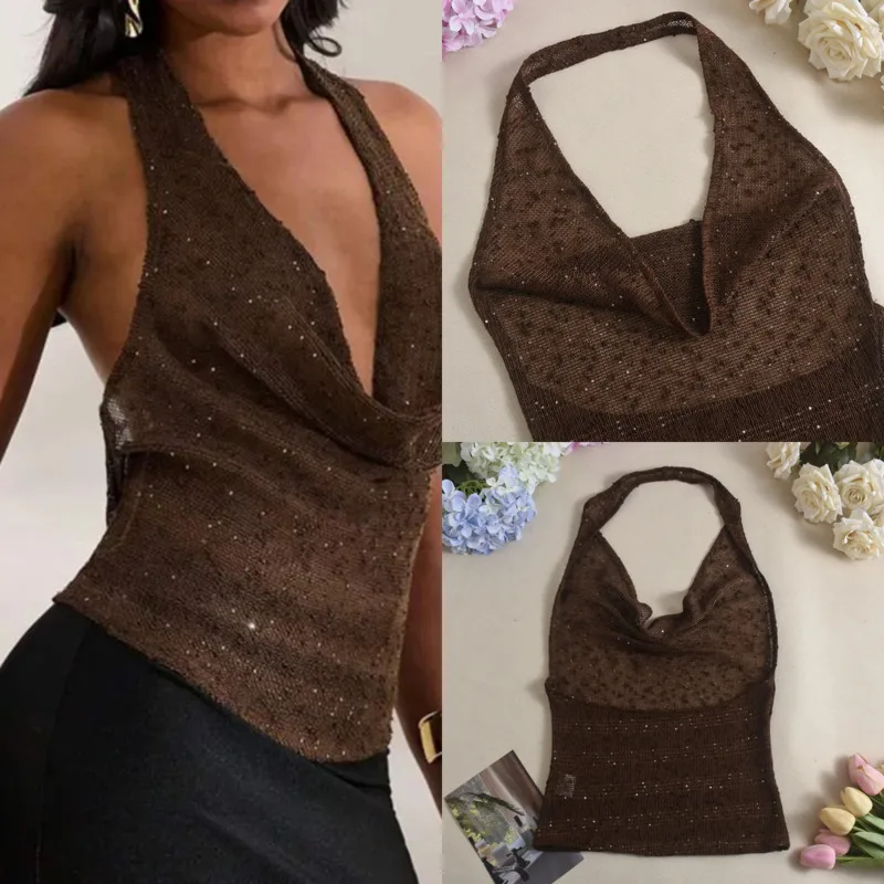 

Sexy Deep V Sparkling Sheer Tank Top Retro Draped Neck Halter Backless Camisole Summer Women's Sequin-Embellished Party Top New