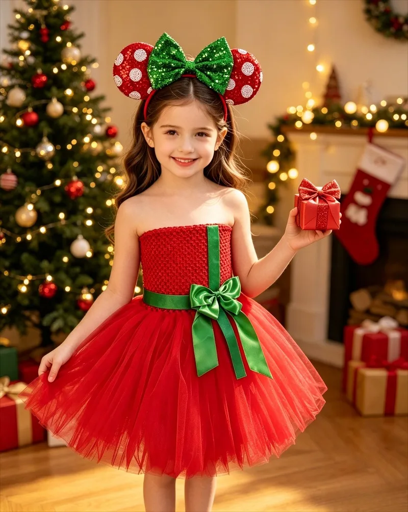 Christmas Red Tutu Dress Gifts Present Girls Outfit Kids Toddler Festival Party Tulle Princess Mesh Dress Matching Headband Set