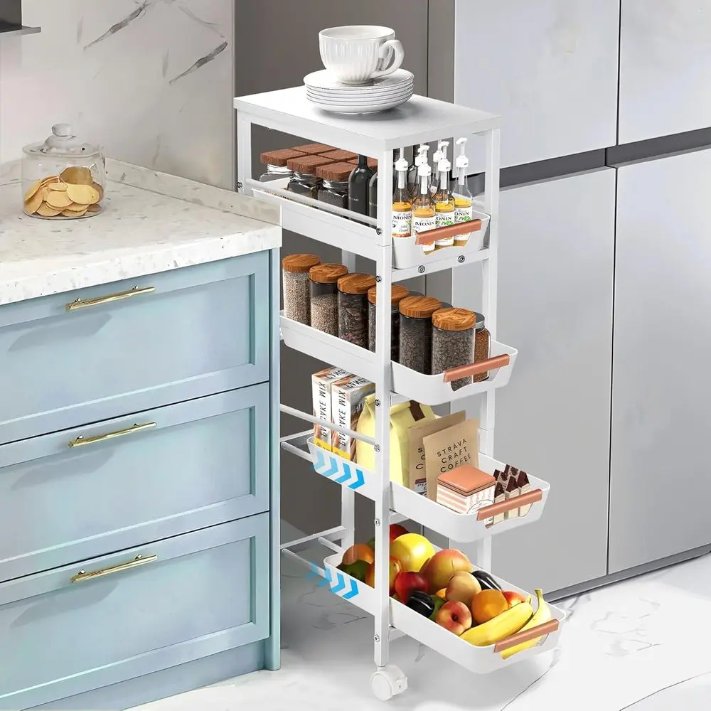 

Slim Storage Cart, 5-Tier Narrow Rolling Kitchen Laundry Room Cart with Der and Wheels, Metal Utility Cart Slide Out Organizer