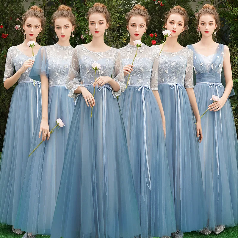 

Blue Tulle Bridesmaid Dress Women Lace Appliques V-Neck Long Sleeves Graduation Dresses Simple Elegant A-line Homecoming Gown