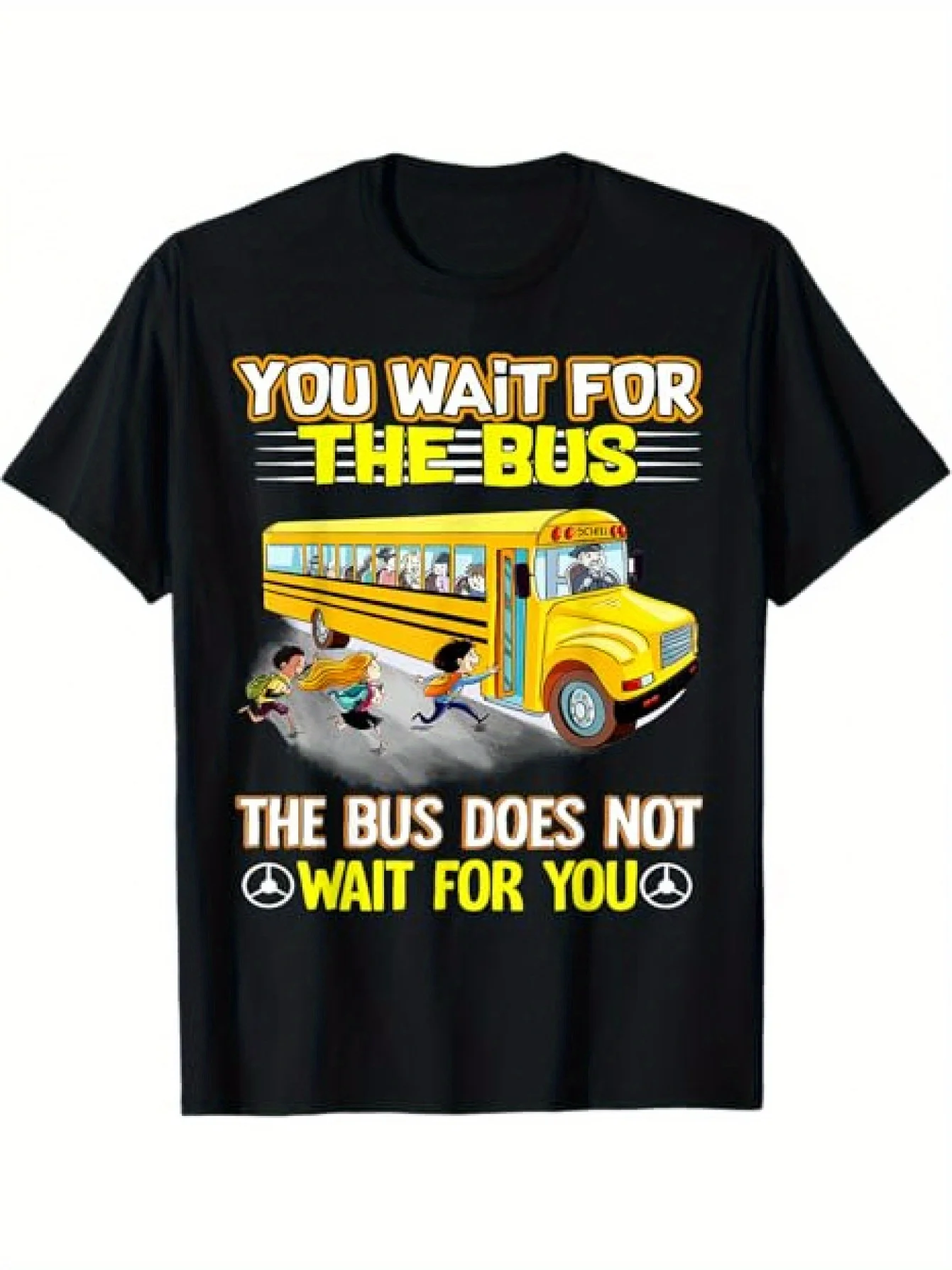 Funny Men's Black Graphic T-Shirt School Bus Running Kids Bold Letter Print Funny Saying 100% Cotton Heavyweight Short Sleeve Casual Streetwear Tee