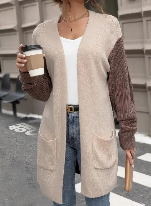 Damen-Strickjacke, 2025, Herbst und Winter, neue Mode, neuester heißer Verkaufsstil, langärmeliger, farbblockierter Pullover, Strickjacke