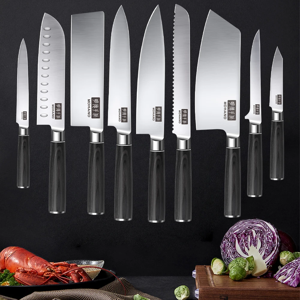 MDHAND Hochwertiges Kochmesser Deutschland Edelstahl Santoku Brot Schälwerk Utility Cleaver Boning 9-teilige Küchenmessersets
