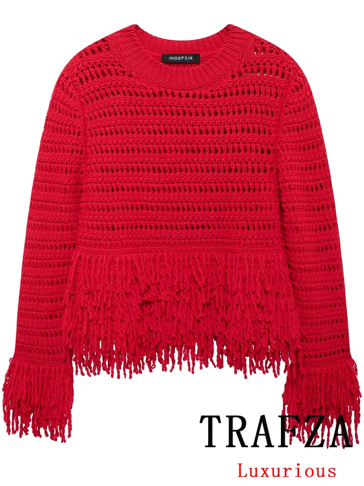 TRAFZA Vintage Casual Chic Sweter damski Solidny sweter z frędzlami O-Neck Długi rękaw Luźny sweter z dzianiny Nowa moda 2024 Jesienny sweter