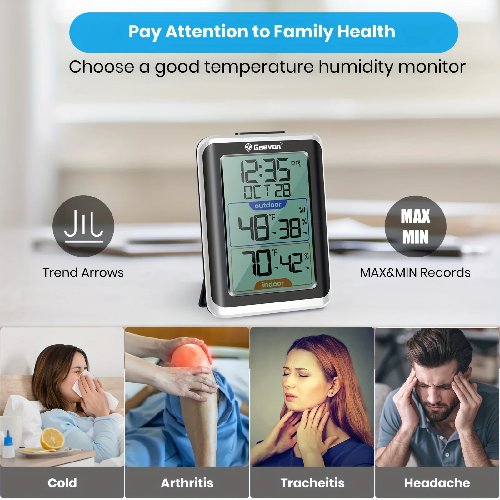 GEEVON Indoor Outdoor Thermometer Wireless Digital Hygrometer Temperature Gauge with Time,200ft/60m Range Temperature Humidity