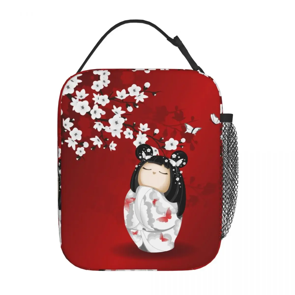 Kokeshi-fiambrera térmica para la escuela, bolsa de almuerzo con aislamiento de flores de cerezo, color rojo, negro y blanco, arte japonés