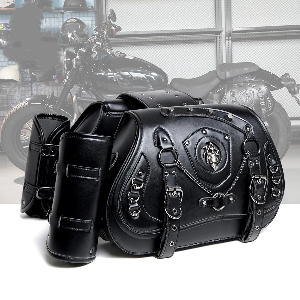 Metal Chain Motorcycle Side Bag with Water Bottle Pouch, Cruise-Side Tool Mounting Bag
