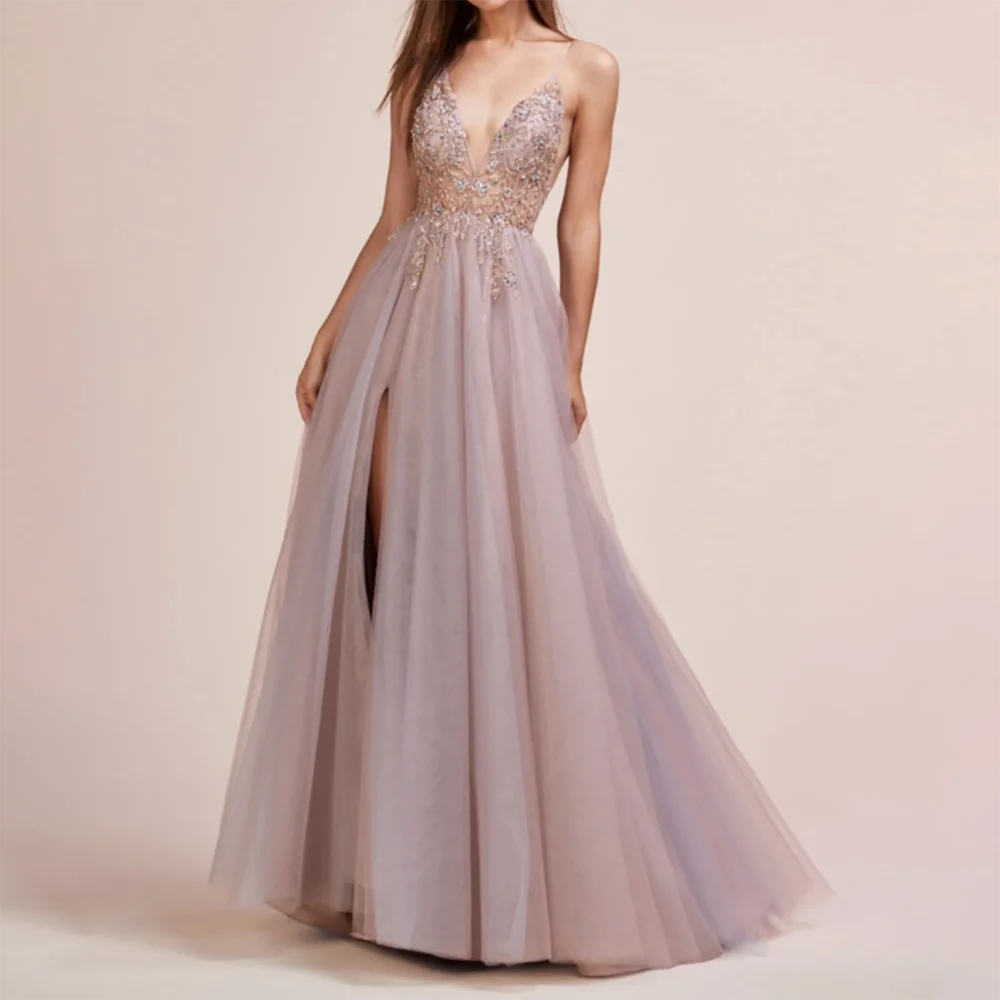 Charming Long A-Line V-Neck Strap Hand-Beading Formal Party Gowns Evening Dresses robe de soiree