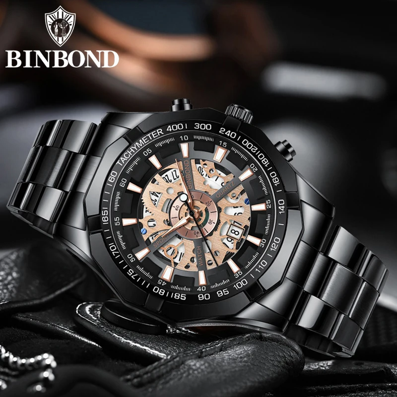 BINBOND-S033 Montres à quartz pour hommes, Creux, Non mécanique, Business, 30m, Étanche, Design ChimHollow, Luxe, Irritation