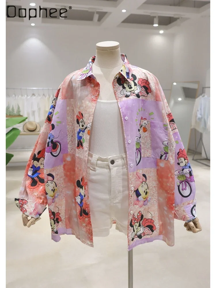 

Color Matching Cartoon Printed Long-Sleeved Shirt 2024 Summer Loose Casual Mid-Length Drop-Shoulder Sleeve Cotton Women Tops