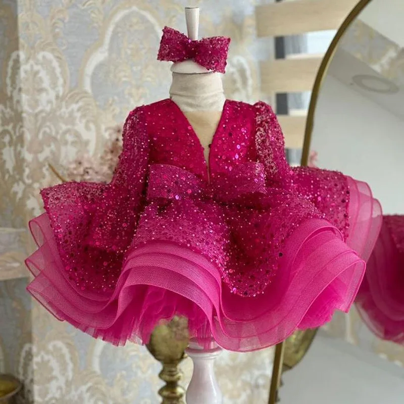 Magenta Sequin Flower Girl Dress with Bow, Sparkling Tulle Tutu Princess Gown for Baby Girls Birthday Party, Wedding Party Wear