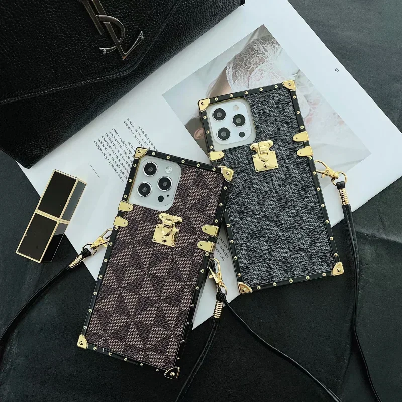 FF-9F Luxury Square Geometric PU Leather Phone Case For iPhone 11 12 13 14 Pro MAX Vintage triangle Phone Cover