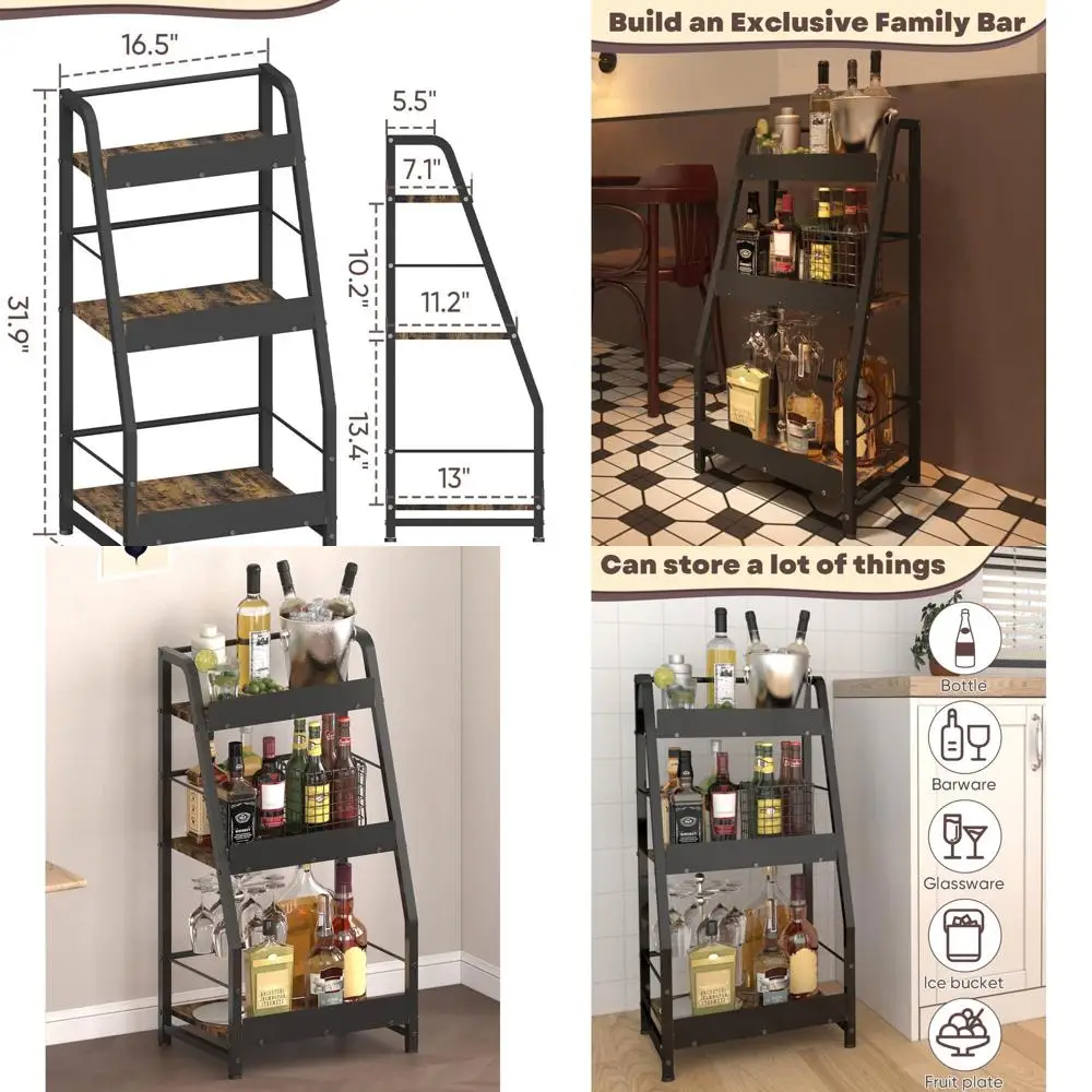 

Угловая напольная подставка для виски с трапециевидным держателем для бутылок и заборов для домашнего бара, черного цвета