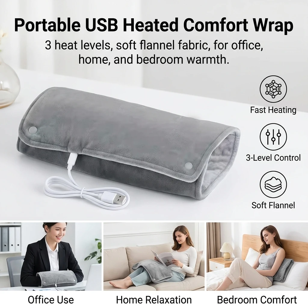 Heating Pad Flannel USB Electric Warm Wrap Graphene Heated Mat 3-Level Temp Control for Office Home Winter
