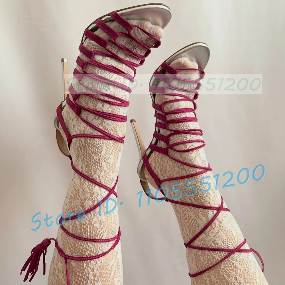 Sexy Rose Red Rope Strappy High Heel Sandals Women Nifty Tassel Lace Up Silver Heels Female Cross Tied Savage Stiletto Sandals