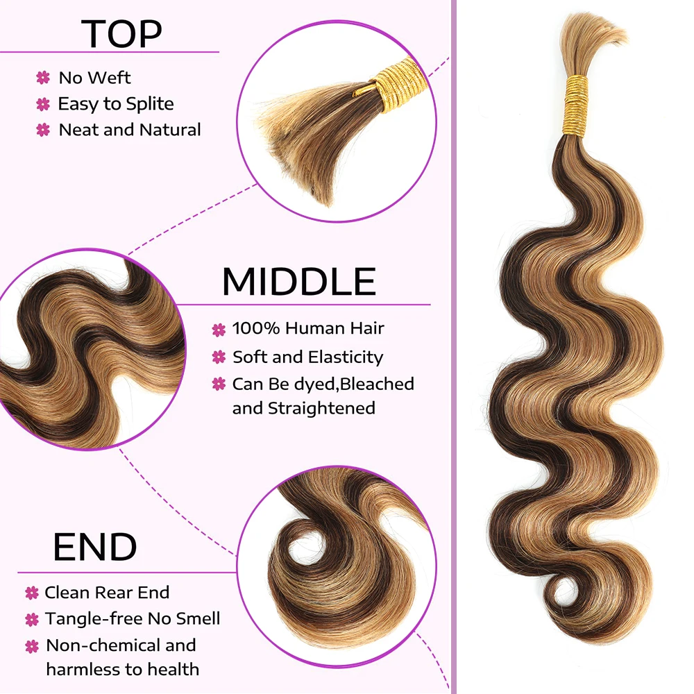 Linhua Body Wave Bulk Braiding Human Hair For Crochet Boho Braids Highlight P4/27 Micro Knotless Bohemian Braids Double Drawn