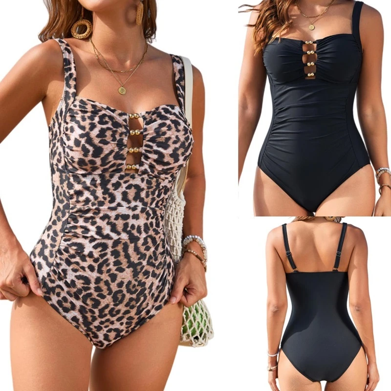 

2026 Women's One-Piece Swimsuit Leopard Tummy Control Swimwear Push Up Full Coverage Slimming Bathing Suit Solid Beachwear
