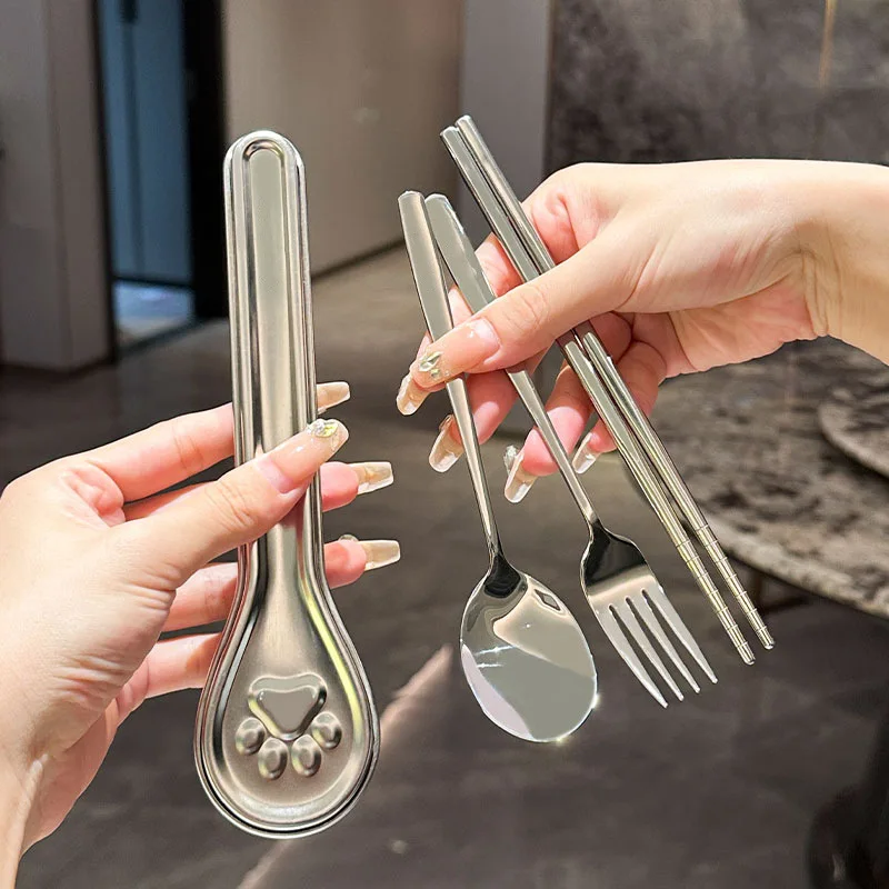 

Portable Cutlery Set 304 Stainless Steel Chopsticks Spoon Fork Set Dinnerware With Cat Claw Model Storage Box For Christmas Gift
