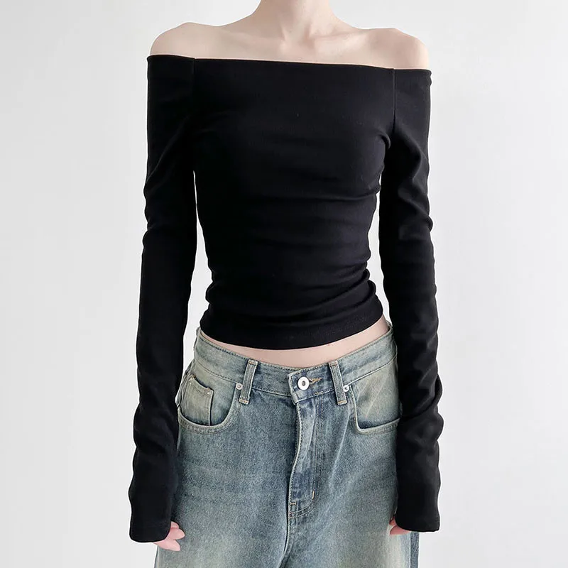 

Sweetown Black Solid Slash Neck Elegant Long Sleeve Tops Korean Fashion Slim Sexy Cropped T Shirt Women Fall Clothing
