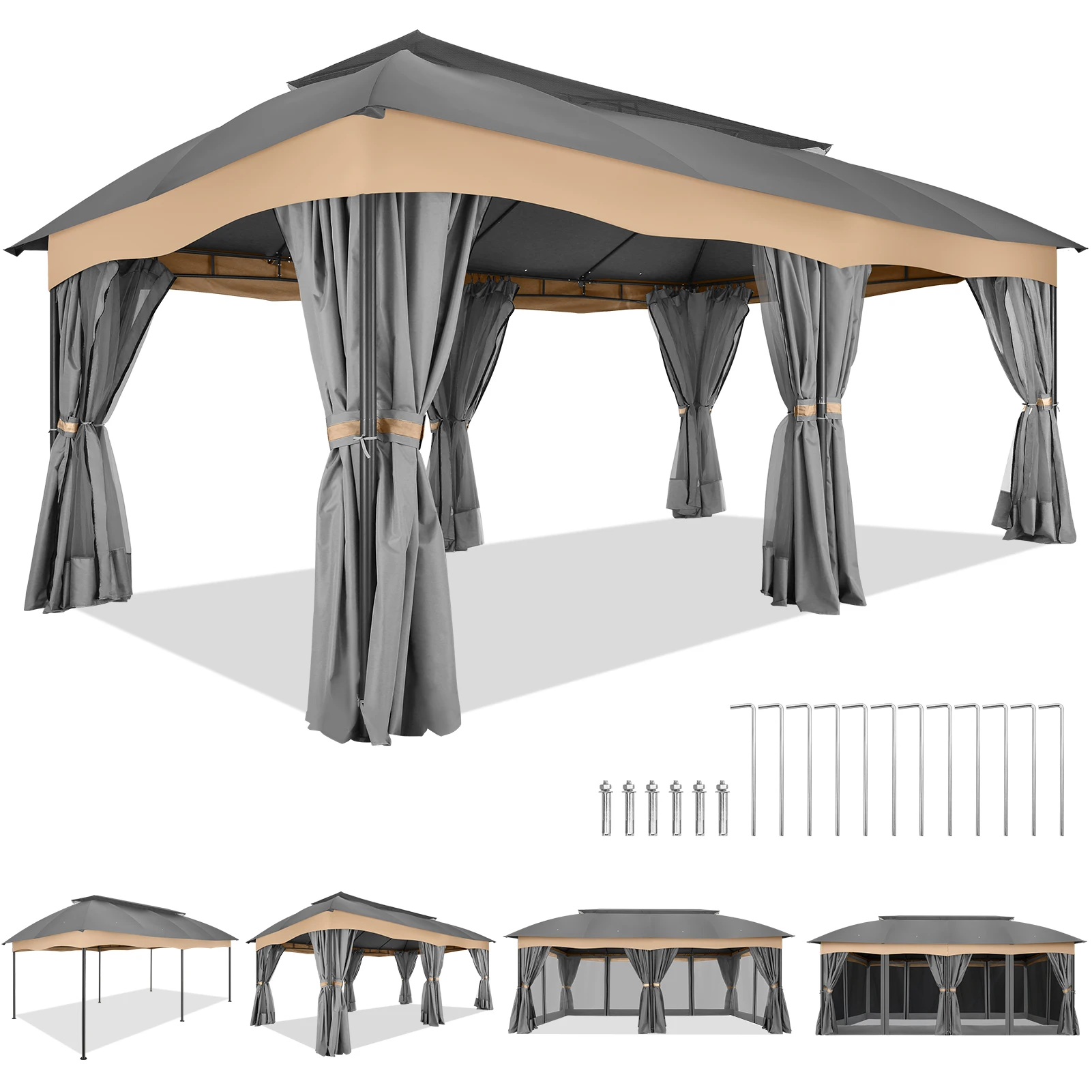 Gazebo 12x20 Heavy Duty Gazebo with Curtain and Netting Outdoor Gazebo Double Roof Patio Gazebo with Metal Steel Frame Gazebo