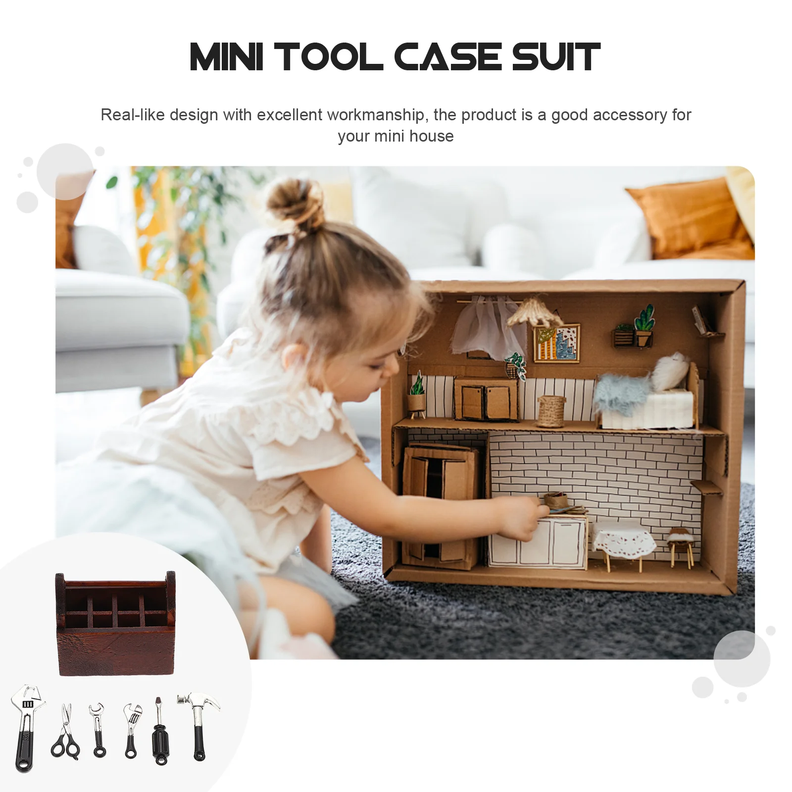 Dollhouse Tools Miniature Case, pequeno e Decor Model Adornment Toolbox, kit minúsculo, material doméstico de madeira, brinquedo infantil