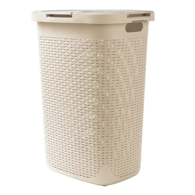 60 Liter Plastic Laundry Basket with Cutout Handles & Lid, Ivory