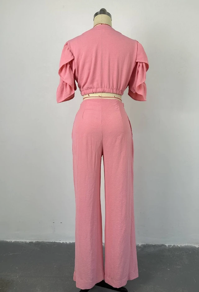 Elegant and Beautiful Commuting Two Piece Set Women 2023 Fashion V-Neck Flared Sleeve Tie Up Top Wide Leg Long Pants Casual Set