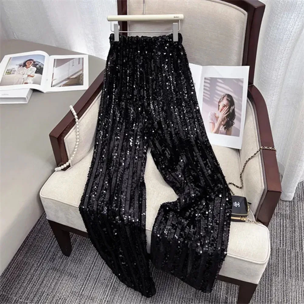 Sequins Pants Women Elastic High Waist Glitter Loose Wide Leg Trousers Vintage Fashion Full Length Shiny Straight Pant Female