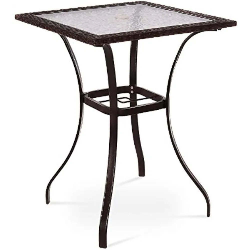 

Patio Bar Table with Umbrella Hole, All Weather 37 Inches Height Heavy Duty Outdoor Square Glass Top Table, for Garden Balcony
