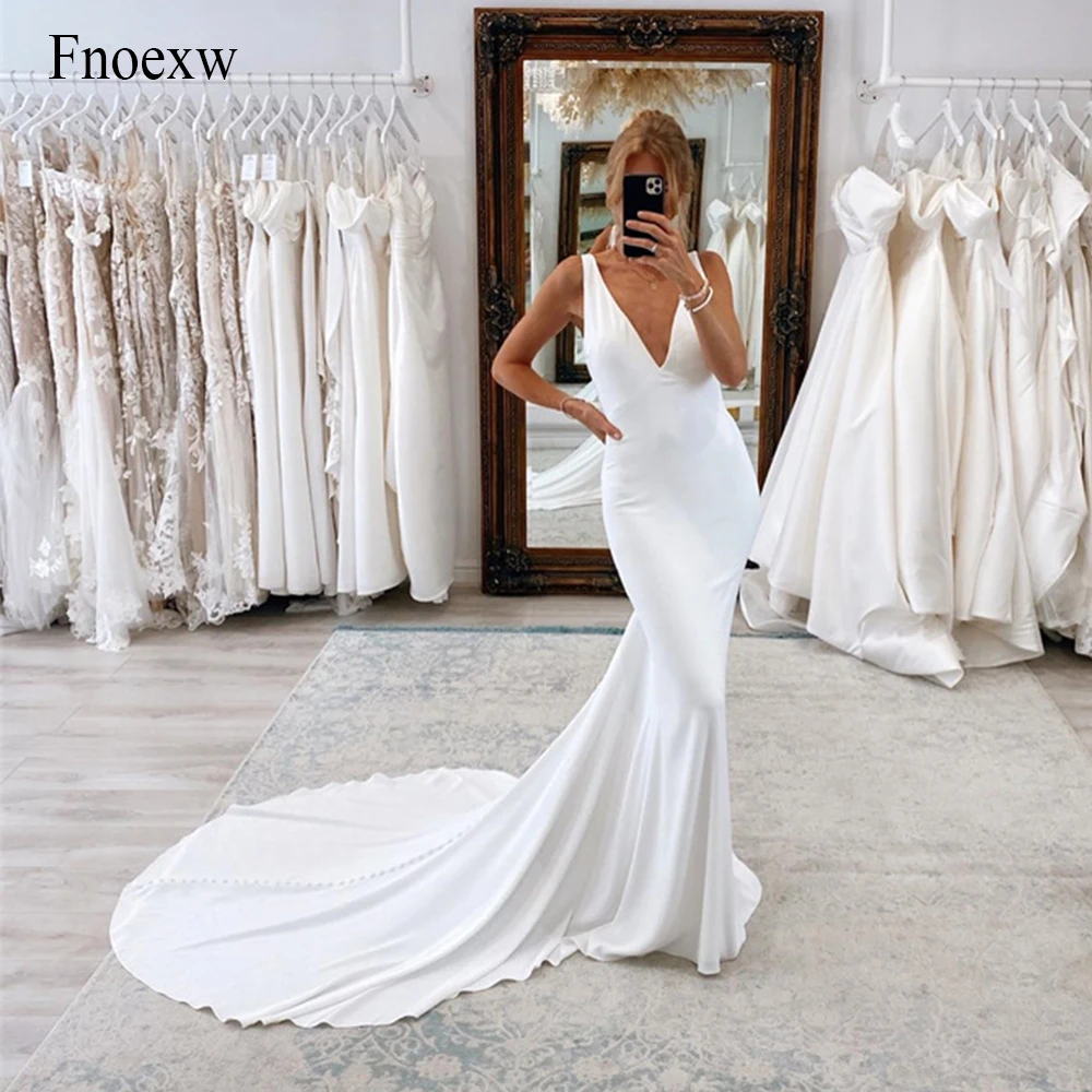 

Fnoexw V-neck Mermaid Wedding Dress Sexy Backless Pearls Bride Gowns Custom Made Elegant Boho Vestidos De Novia Robe De Mariée