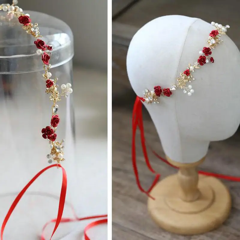 Red rose flower bridal headband vintage pearl rhinestones wedding bride hair accessories decor