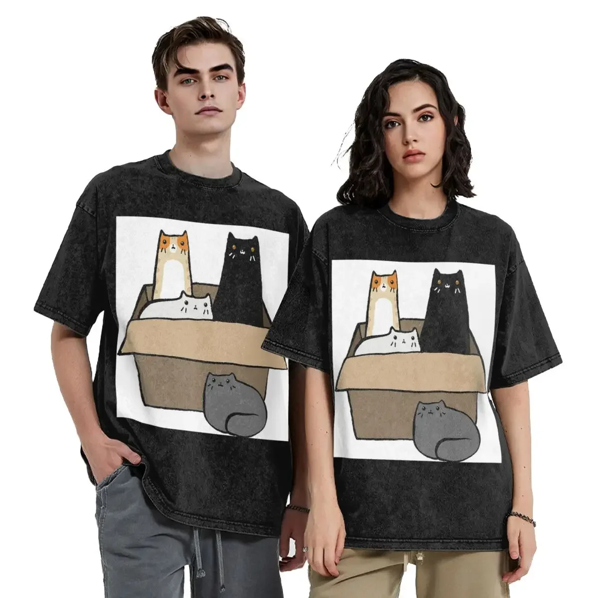 

Cats In A Box Hip Hop Short Sleeve T-Shirts Washed Tops Tees Streetwear T Shirt Vintage for Men Women
