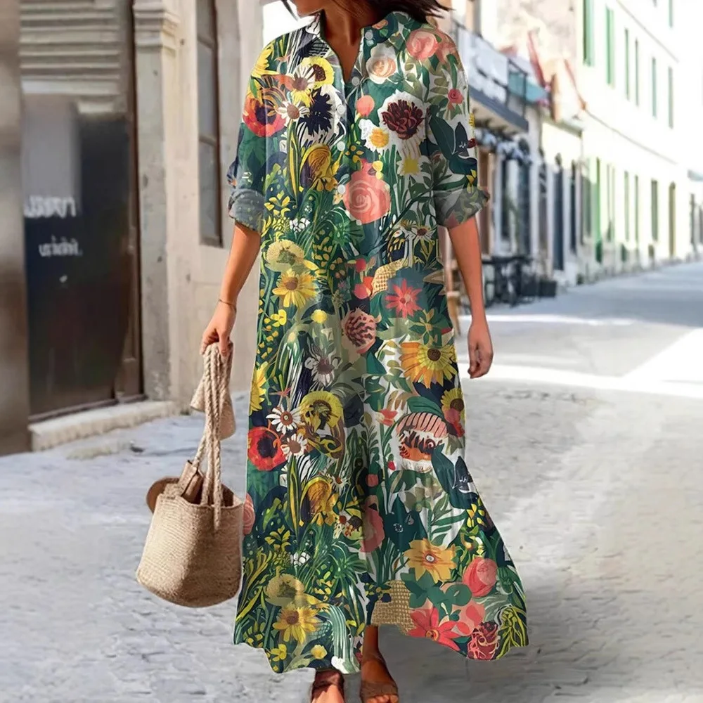 Long Dress Women Shirt Dresses Vestidos Y2k Streetwear Turn Down Collar Full Sleeve Elegant Party Print Floral Casual Work 2026