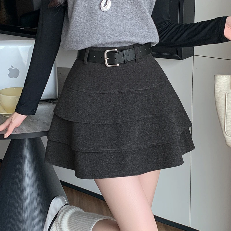 

Autumn Winter Vintage Woolen Ruffles Women's A-line Mini Skirts High Waist Straight Office Wrap Cake Skirt Female 2025
