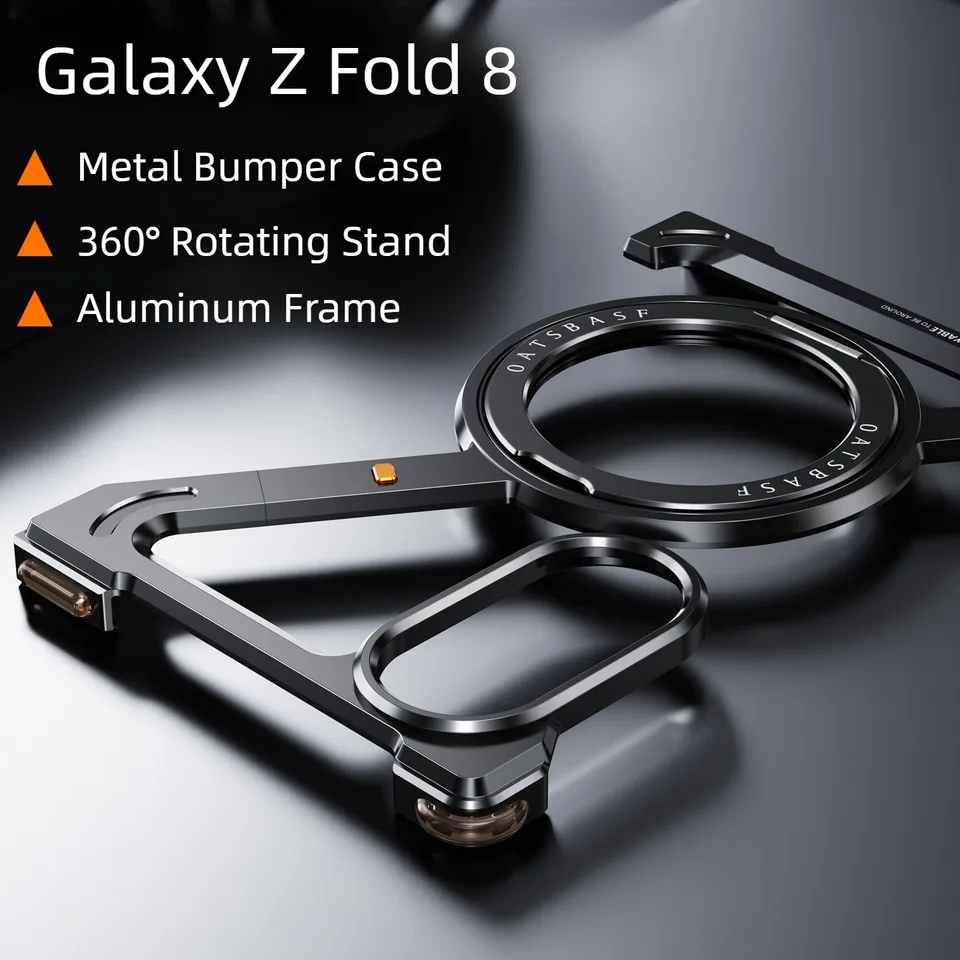 Funda metálica minimalista para Samsung Galaxy Z Fold 8 con soporte giratorio de 360°, marco de aluminio sin bordes, resistente a golpes 5