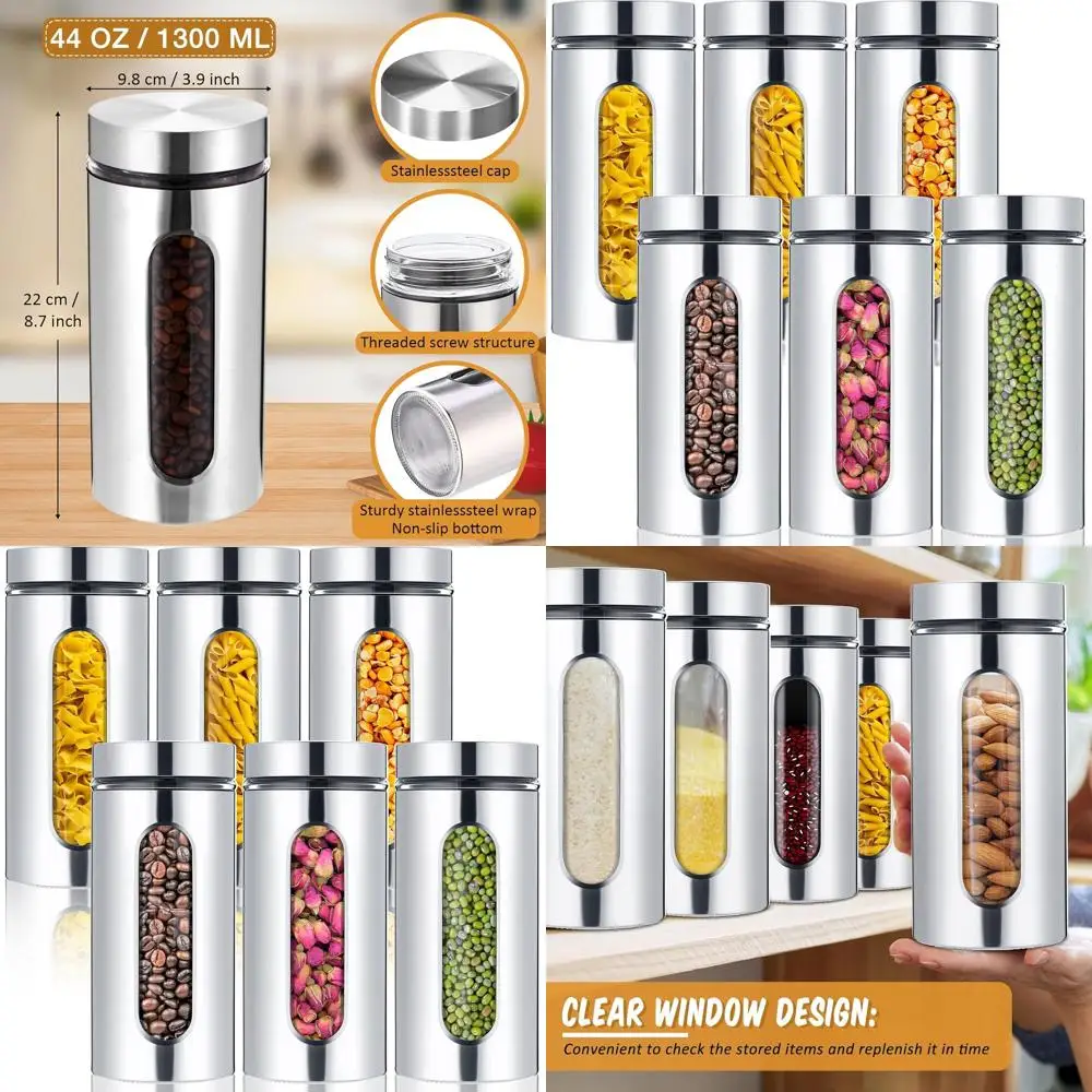 

Набор герметичных канистр из нержавеющей стали со стеклянным окном для кофе, сахара, чая, конфет, муки, специй и кухонного декора (44 унции)