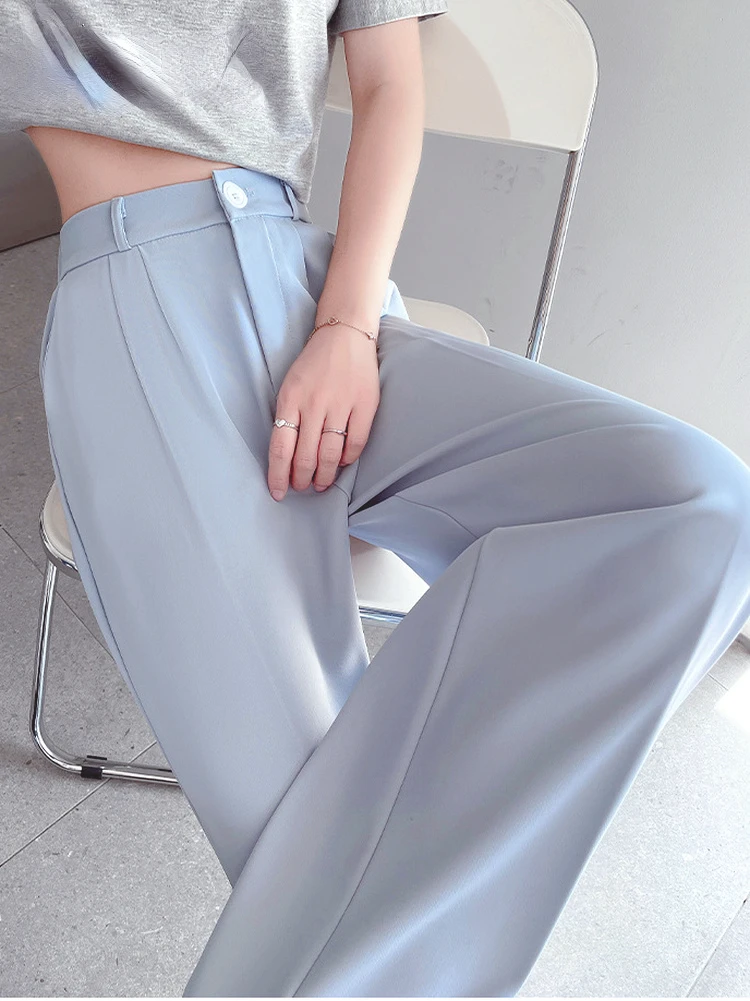 

Summer White 2023 Casual Bottoms Women's Straight Pants High Waist Lengthen Wide Leg Trousers Elegant Female Stacked Baggy Pants