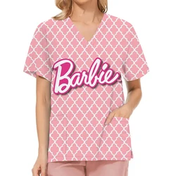 Miniso Medical Nurse Uniforms Women Medical Barbie Print Scrub Shirts Clinical V-neck Blouse Cartoon Pocket Scrubs Beauty Work