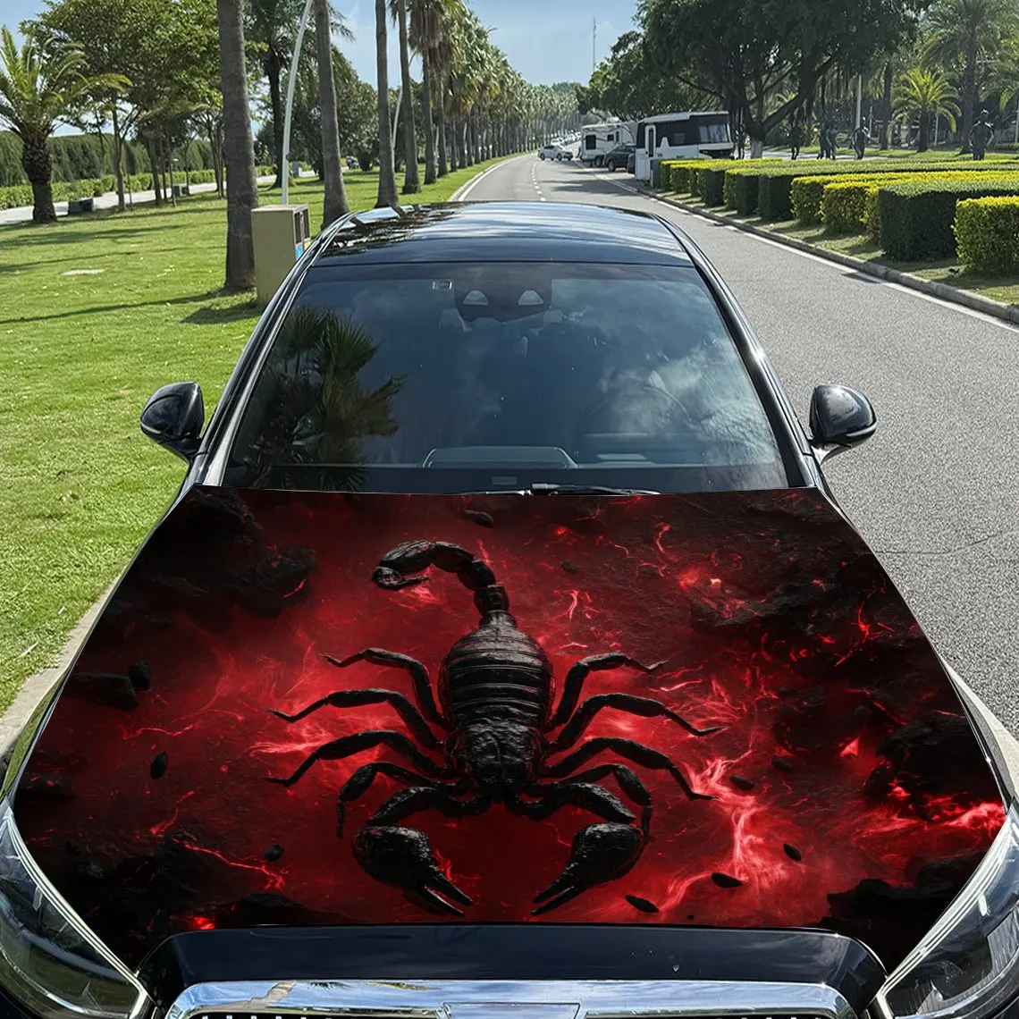 

Scorpion in Fire Domain Car Vinyl Wrap, PVC Material Waterproof Car Hood Sticker, Self-Adhesive Scratch-Resistant Stickers for E