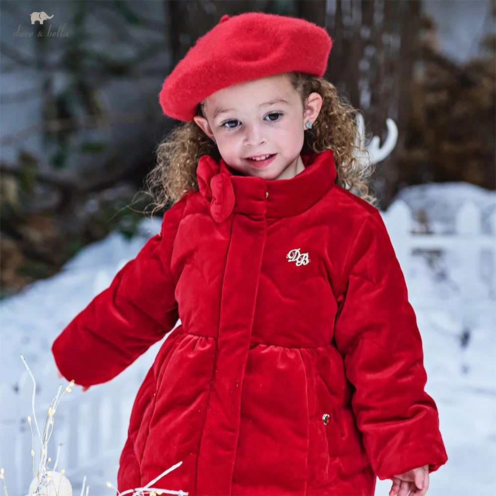 Dave Bella Children Down Jacket Winter Autumn Long Sleeve Girls Thick Plush Top Coat Fashion Outwear Kids Red Clothing DB4254060