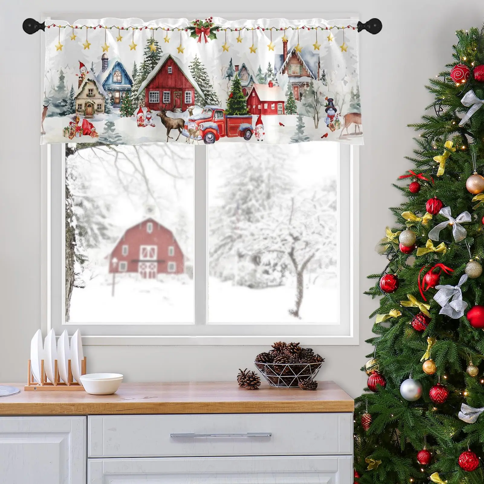 2 Pack Valances Window ,Christmas House Deer Tree Drapes Adjustable Curtain Valances for Windows Living Room Kitchen Sink Above